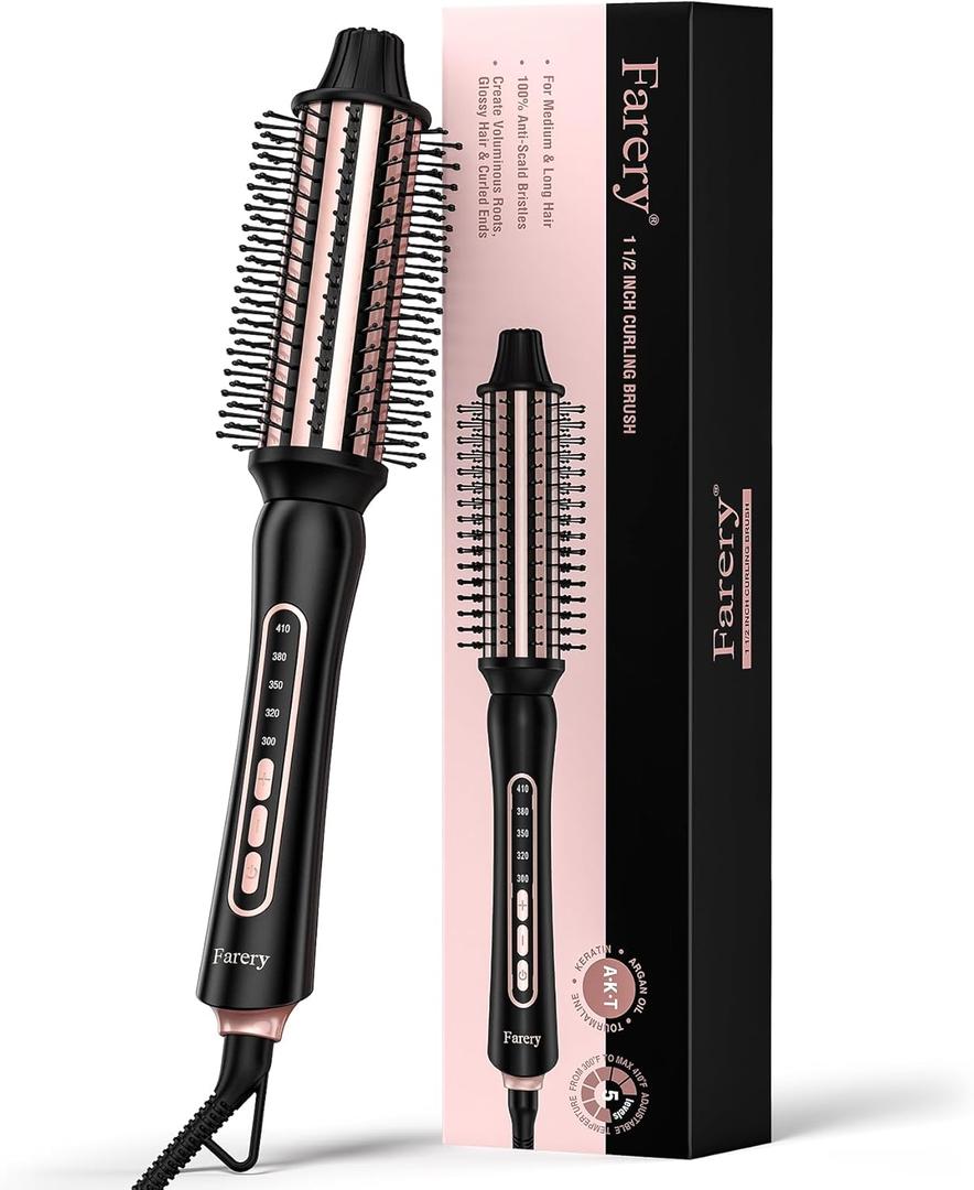 Farery Thermal Brush 5 Adjustable Temps, 1.5 Inch Hot Curling Brush for Big Bouncy Curls, Non-Blowing Heated Round Brush, Ceramic Curling Wand for Medium & Long Hair, Dual Voltage for Travel