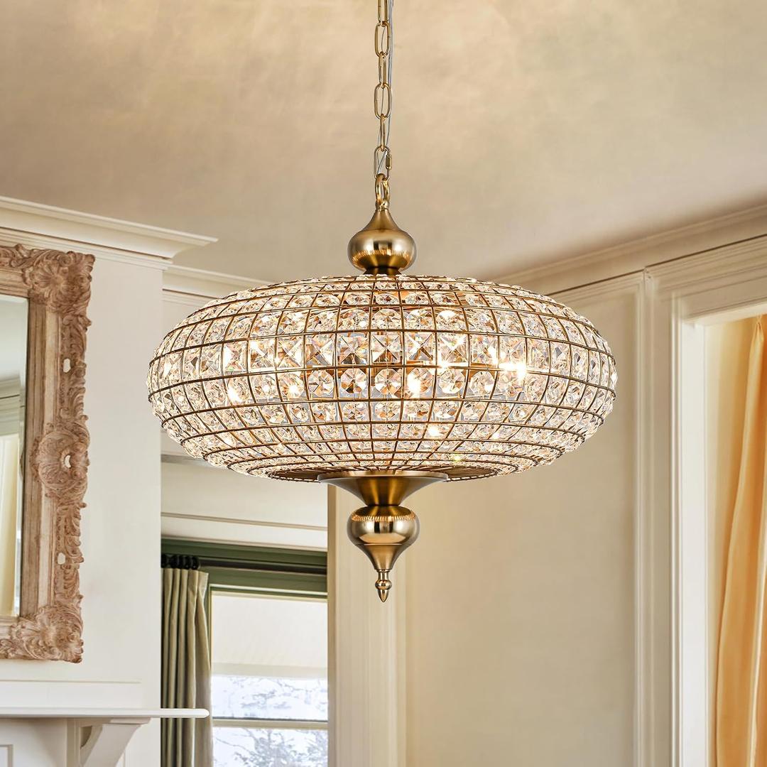 20.5" Antique Brass Crystal Chandelier, Large Farmhouse Dining Room Light Fixture, 5-Light Vintage Crystal Hanging Chandelier for High Ceiling Living Room Kitchen Island, 21"W x 19"H