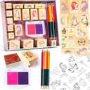 Unicorn Wooden Stamp and Sticker Set for Girls, Stampers, Inkpad, Coloring Pencil, Sticker Included, Arts & Crafts Set for Girls Boys Kids Ages 4 5 6 7 8 9 10 Years Old