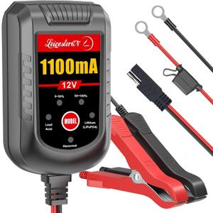 Motorcycle Battery Charger and Maintainer 12V, 1.1Amp Smart Trickle Charger - Automatic Float Charger for Cruiser Sport Bike ATV Scooter Dirt Bike Lawn Mower, LiFePO4 Lithium Lead Acid AGM Gel