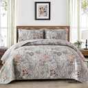 WONGS BEDDING Floral Quilt Set King Size, Grey Botanical King Bedspread Bedding Sets Soft Lightweight Microfiber Flower Gray Coverlet Set 3 Pieces for All Season (104"x90")