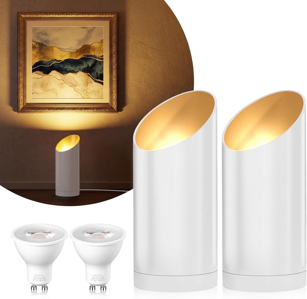 2 Pack Uplighting Indoor Floor Can Lights,7W LED Up Lights with 3000K GU10 Bulbs, Spot Lights with 5.9 FT Plug Cord & Foot Switch,Ideal for Indoor Corners, Sofas, Plants, and Wall Art, White