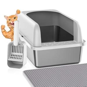 Stainless Steel Litter Box with Lid, Metal Litter Box with Cat Litter Mat, Extra Large Enclosed Cat Litter Boxes for Multiple Cats, Anti-Leakage, Non-Stick, Easy to Clean, Included Mat, Scoop