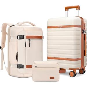 Luggage Sets 3 Piece with Spinner Wheels, Lightweight PC Hardside Suitcase with TSA Lock & YKK Zippers, 20 Inch Carry On Luggage with Travel Bag for Men and Women, Beige
