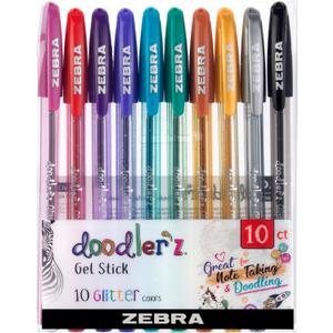 Zebra Pen Doodlerz Gel Stick Pen, Bold Point, 1.0mm, Assorted Glitter Colors, 10 Pack