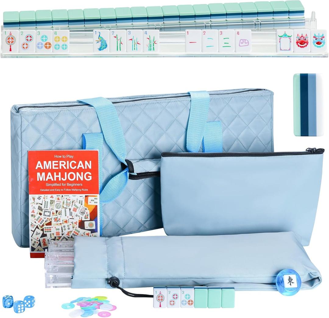 American Mahjong Set with Blue Carrying Bag and Accessories, 160 Acrylic 4 Layer Engraved Tiles, 4 All-in-One Transparent Rack/Pushers, 1.26 Mahjong Tile Set (Green), 20.47 x 3.15 x 9.64 inches
