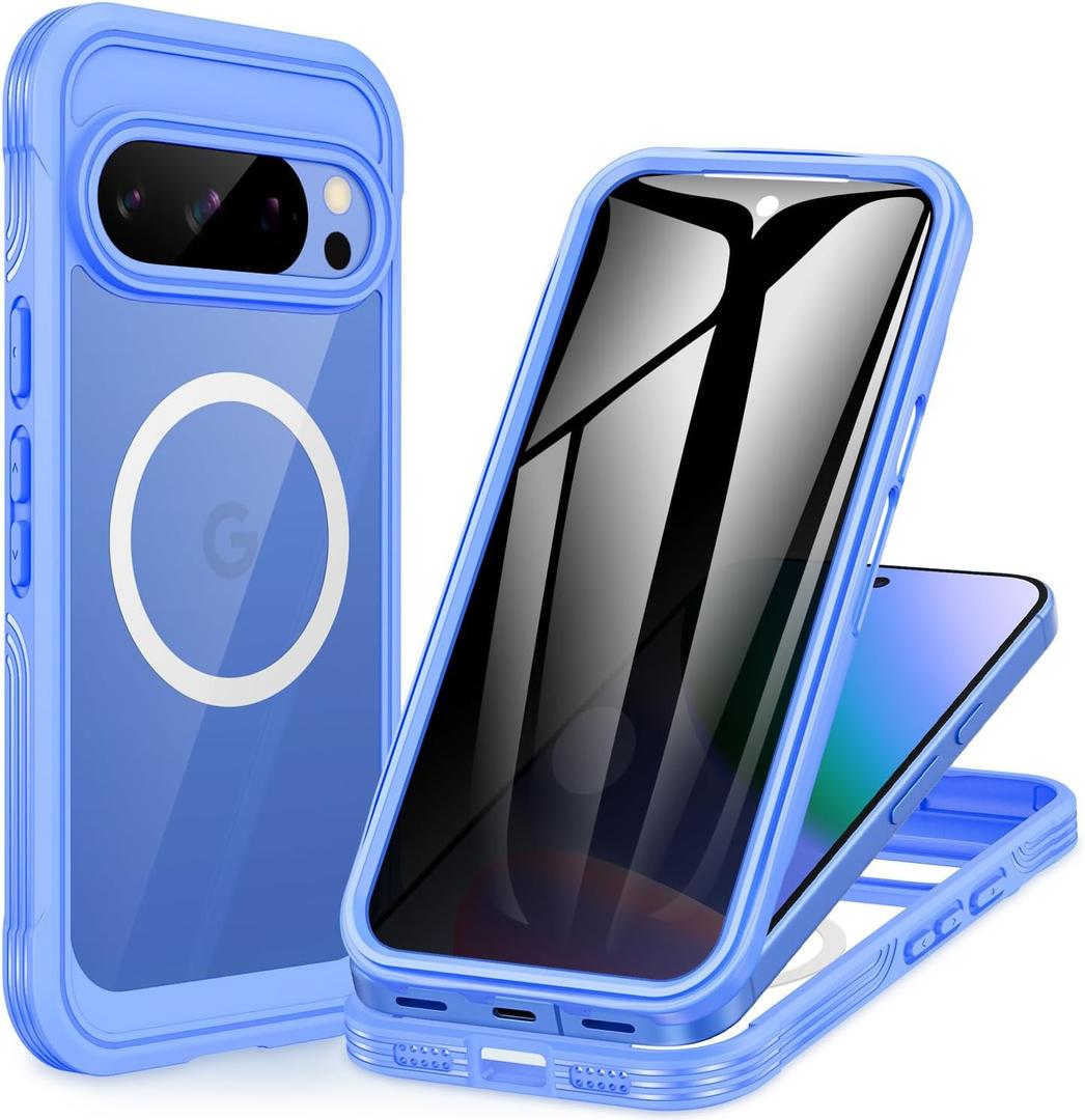 CENHUFO Privacy Case for Google Pixel 10/10 Pro, Full Body Phone Case with Built-in 9H Tempered Glass Privacy Screen Protector and Camera Protector, Shockproof Magnetic Anti Spy Cover - Blue