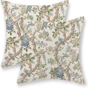 Blue Green Floral Bird Pillow Covers 16x16 Set of 2 Chinoiserie Throw Pillows Green Vintage Flowers Bird Decorative Pillow Cases Outdoor Chinoiserie Decor Farmhouse Cushion Case for Couch Sofa