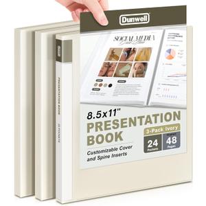 Dunwell Presentation Binder 24-Pocket, Displays 48 Pages, 8.5x11 Portfolio Binder with Plastic Sleeves, Storage and Organizer for Documents, Certificates, Projects, Photos (3 Pack, Ivory)