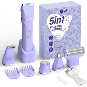 KINGTEE 5-in-1 Electric Bikini Trimmer for Women  IPX7 Waterproof Shaver, Cordless Body & Facial Razors for Women, Ceramic Blades, USB-C Rechargeable, Painless Hair Removal Kit (Purple)