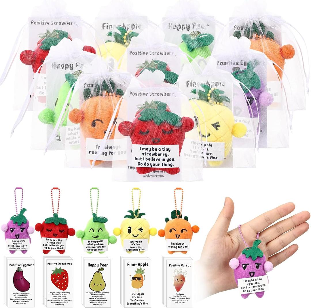 Hotop 20 Sets Positive Stuffed Dancing Fruit Vegetable Plush Keychains Thank You Card Appreciation Gift Bulk for Employees Coworkers