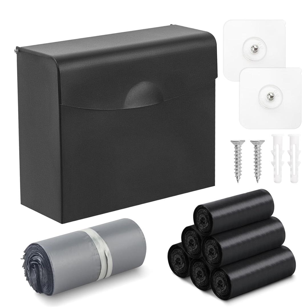 2 x Sanitary Napkin Disposal Receptacle with Hygiene Disposal Bags and Trash Bag,9.4x7.8x3.5 inches Stainless Steel Wall Mounted Feminine Hygiene Disposal Trash Can Bin for Bathroom,Office (Black)