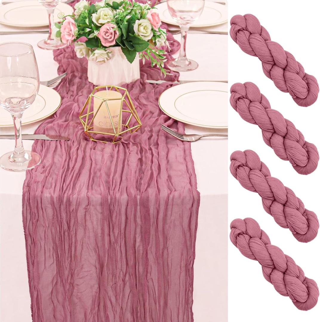 4 Pack 120 Inch Dusty Rose Cheesecloth Table Runner Boho Rustic Gauze Sheer Romantic 10 FT Long Cheese Cloth Table Runner for Bridal Baby Shower Wedding Party Birthday Holiday Home Easter Decor