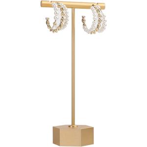 GemeShou Gold Metal Earring T Bar Stand, Single small earring hanger display, Retail earring holder for show, Jewelry earring organizer for Online store PhotographyGold-Hexagon Base Height 5.3" (High)