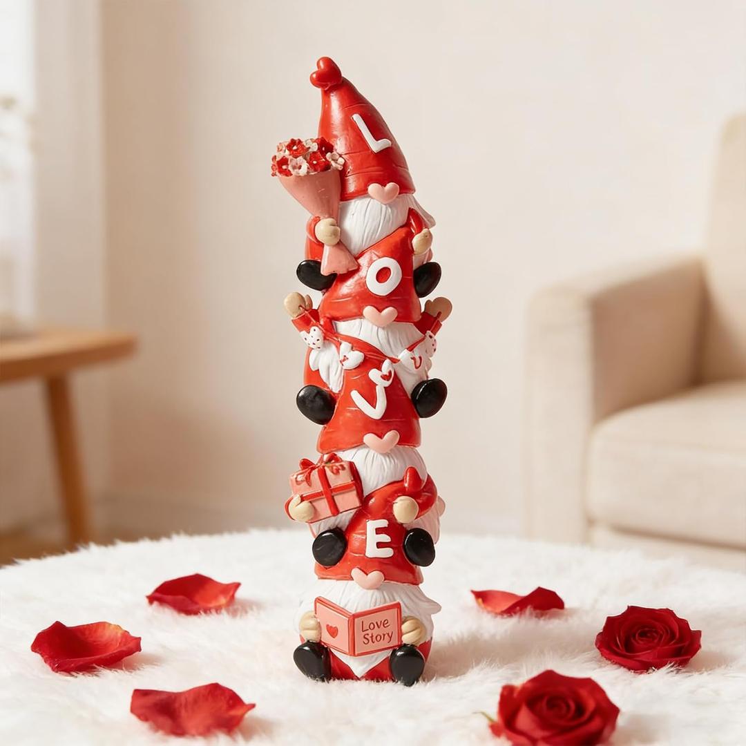 WDS WONDROUS Love Gnome Stack Figurine, Valentine's Day Decorations for Home, Red & White Resin Gnomes Decor with Flowers & Gifts, Wedding & Table Centerpiece, Gifts for Couples Her Him Party