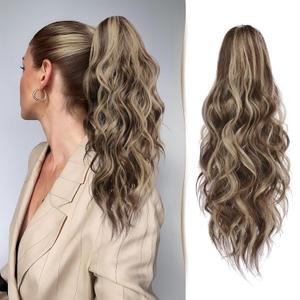 Ponytail 18 inch Curly Claw Clip in Wavy Long Pony Tails Synthetic Hairpiece Fake Hair for Women Girls Daily Party - Light Brown & Blonde Hair Extensions