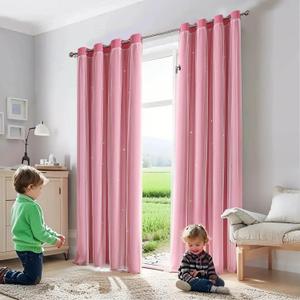 ABREEZE Princess Pink Curtain Hollow-Out Stars Dual Layer Grommet Top Mix and Match Blackout Curtains with White Sheer for Living Girl Room(1 Panel,59 x 96 inch,Pink)