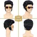 Bettecos 4pcs Set 50s Rock Wig with Sunglasses and Necklace for Men Singer Rocker Costume Wigs for Cosplay Halloween Party (Adults)