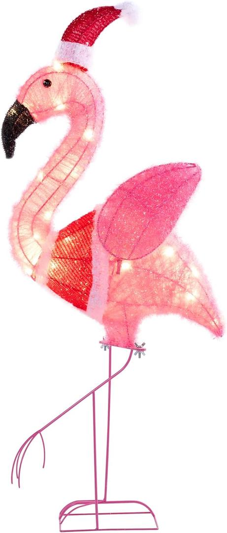 JOYIN Lighted Flamingo Christmas Decorations Outdoor, 30 LED Warm White Flamingo Lights for Christmas Yard Decor, Light Up Xmas Lawn Ornaments with Metal Stakes for Outside Porch Garden