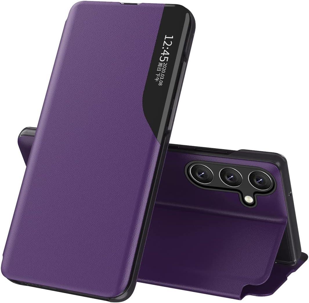 Case for Samsung Galaxy S25 Plus 5G S View, Flip Leather Cover Clear S-View for Samsung S25 Plus Phone Case Smart Window, Hard PC Shockproof Protective with Kickstand Clear View (Purple)