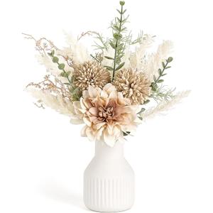 Mkono Small Artificial Flowers in Ceramic Vase 12.5" Centerpieces Coffee Table Decor, Silk Flower Arrangements for Home Decor Indoor Fake Flower Bouquet for Bathroom Dining Room Kitchen Wedding Brown