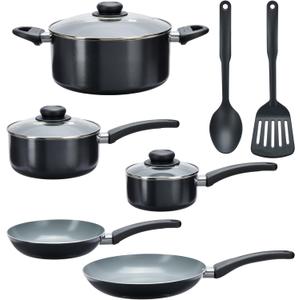 GoodCook Everyday Ceramic Nonstick Cookware Set Includes 8 & 10-Inch Fry Pans 1 & 2-Quart Covered Sauce Pans 4.7-Quart Covered Dutch Oven Turner and Basting Spoon, 10-Piece, Black