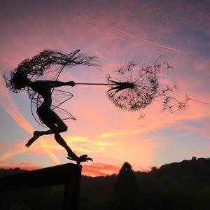 Flower Fairy Dancing with Dandelion Garden Art Sculpture Stainless Steel Statue Christmas Halloween Decoration for Outdoor Yard Courtyard Lawn Patio Metal Ornaments (Wave)