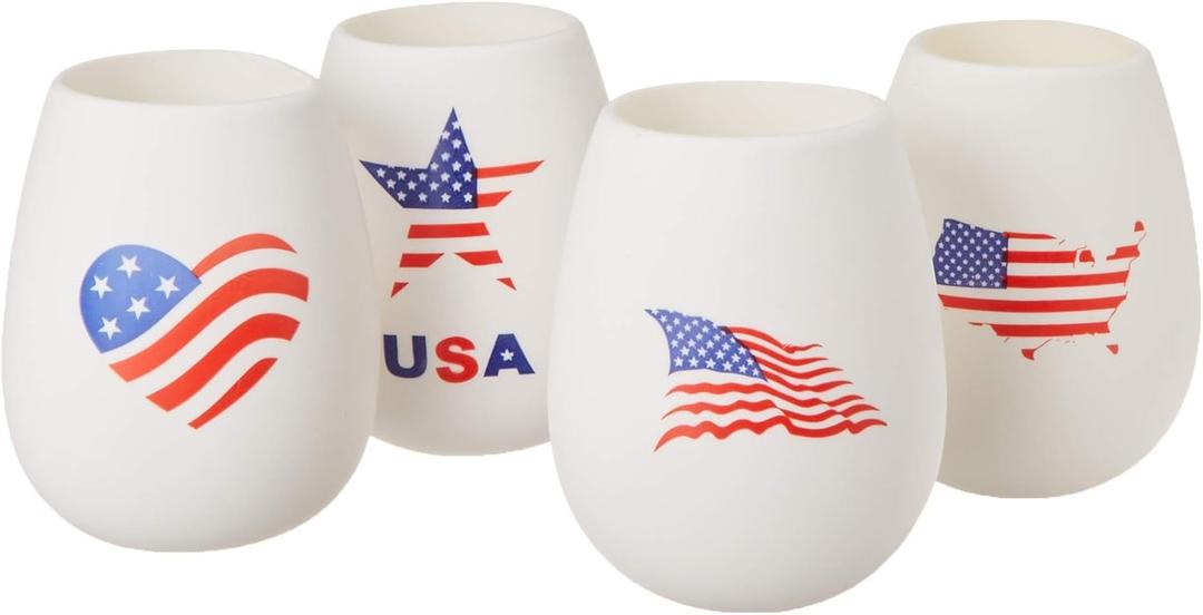 USA Flag Glasses - 100% Silicone 12 oz - Set of 4 - Cups Only (Americana)