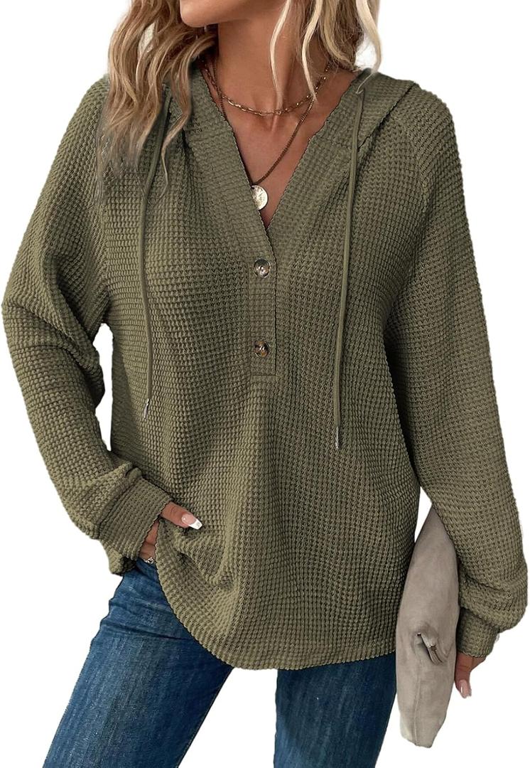 Dokotoo Hoodies for Women Waffle Knit Long Sleeve Drawstring Button V Neck Casual Pullover Sweatshirt Hooded Tops (Small, Green)