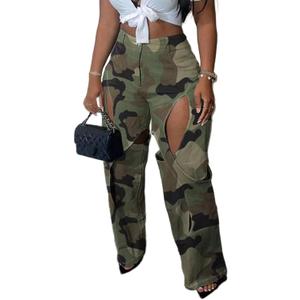Women's Camo Cargo Pants High Waist Y2K Baggy Cut Out Straight Leg Casual Trousers Streetwear (X-Large, Camo Green)