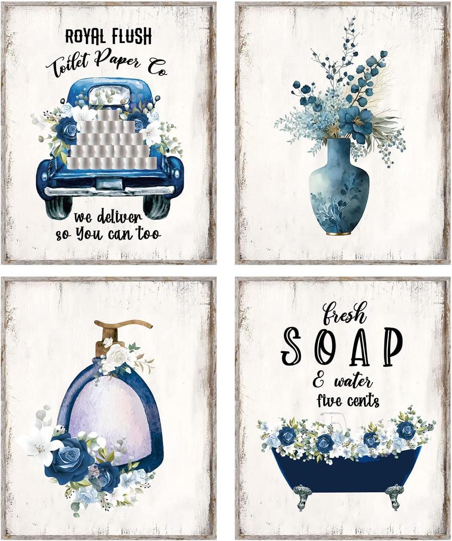 Funny Wall Art Poster, Blue Bathroom Decor, Navy Flowers Pictures, Rustic Vintage Country Farmhouse Decor (Set Of 4 8x10 In No Frame)