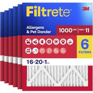 Filtrete 16x20x1 Air Filter, MERV 11, MPR 1000, Allergens & Pet Dander, 3-Month AC and Furnace Filters, Cleaner Air, Reliable Airflow, 6 HVAC Filters (Actual Size 15.68 x 19.68 x 0.81 in)