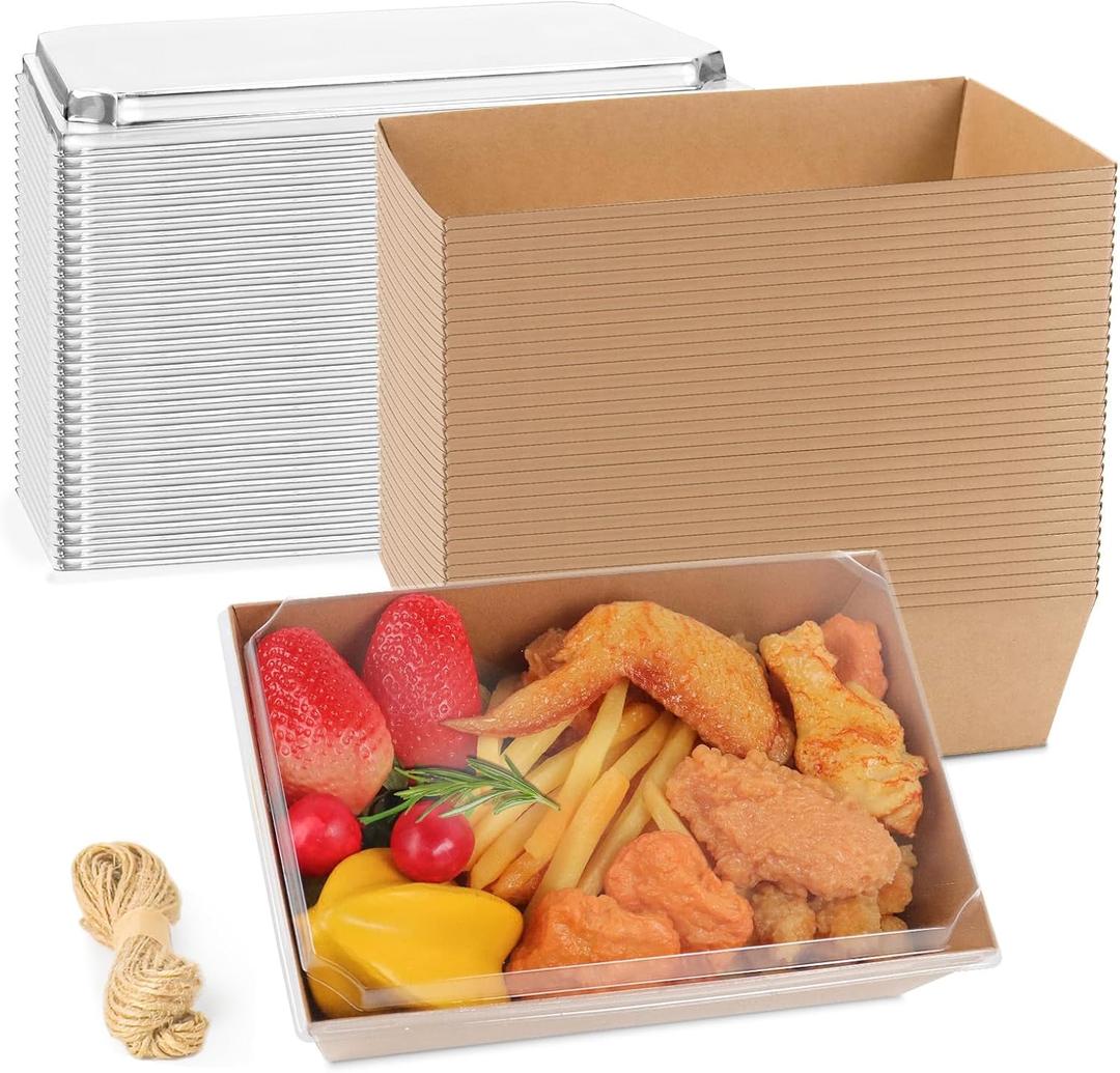 8 x 6 Inch Paper Charcuterie Boxes with Clear Lids, 50 Pack Large Disposable Food Containers, Take Out Bakery Boxes for Cake Slice, Cupcakes, Sandwiches, Cookies, Cocoa Bombs, Salads (Brown)