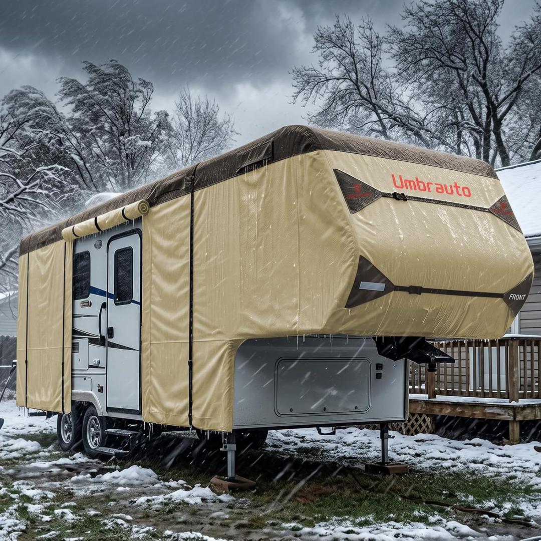 Umbrauto 5th Wheel RV Cover 40' ~ 44', Upgraded 7-Layer Top Waterproof & Windproof Fifth Wheel Camper Cover, Toy Hauler Travel Trailer Covers for Winter Snow with Tongue Jack Cover, Gutter Cover