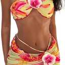 SOLY HUX Women's 3 Piece Swimsuit Floral Halter Bikini Set Beach Vacation Bathing Suit with Drawstring Cover Up Skirt (Medium)
