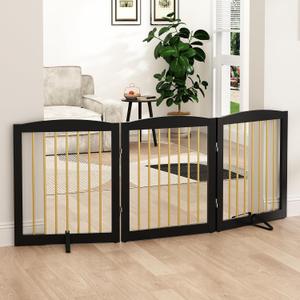 PUPETPO Freestanding Pet Gate for Dogs, Foldable Wooden Dog Gate for House, Indoor Dog Gate for Doorways, Stairs, Step Over Pet Puppy Safety Fence, Support Feet Included,24" Height 3 Panels,Black&Gold