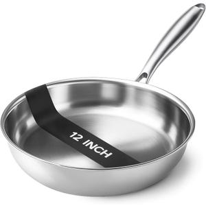 Kirecoo Tri-Ply Stainless Steel Pan - 12 Inch Frying Pan, Fast and Even Heat Stainless Steel Skillet, Induction Cookware, Dishwasher and Oven Safe Skillet