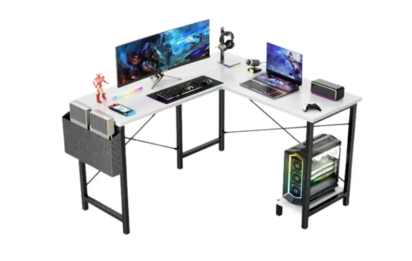 L-Shaped Wooden PC Desk for Gaming and Work - 50 Inch Writing Space-Saving Corner Table with CPU Storage Shelf, Side Bag, Home, Office, white