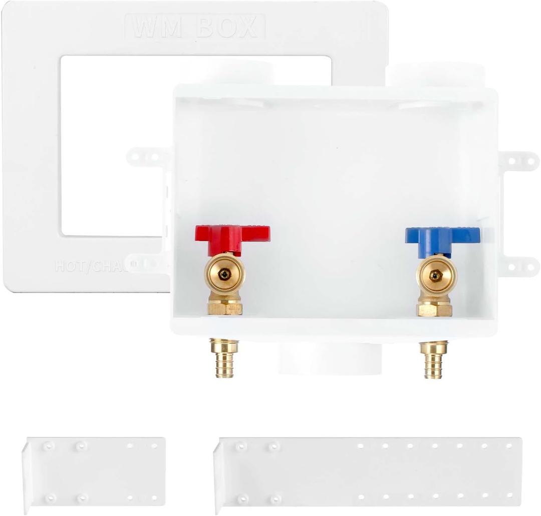 Premium Washing Machine Outlet Box with Center Drain, 1/2-Inch Pex Crimp x 3/4-Inch MHT Connection, Laundry Washer Valve Outlet Box with Clear Text Instructions