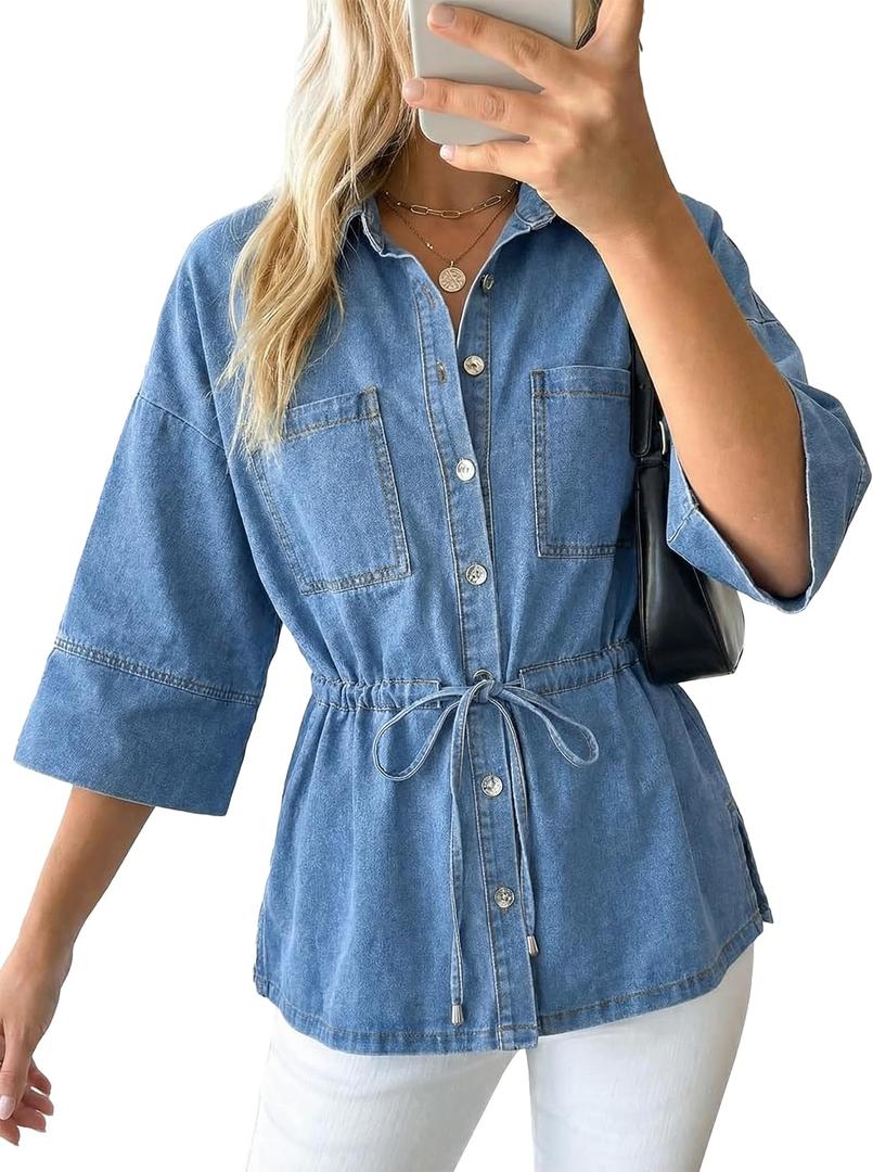 Women Denim Shirts Oversized Long Sleeve Button Down Blouse Fall V Neck Casual Top Trendy Drawstring Waist Daily Wear (Blue, Large)