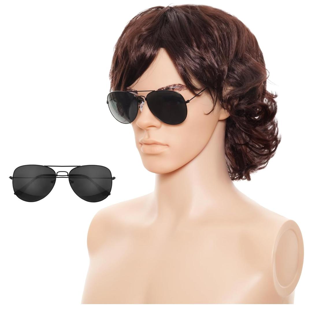 Mens Short/Long Curly Brown Wig 70s 80s Rocker Wig with Glasses Cosplay Costume Hair Halloween Costume Anime Wigs