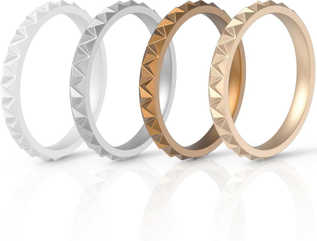 ThunderFit Thin Silicone Wedding Rings for Women, Triangle Diamond Stackable Bands 2.5mm Wide 2mm Thick - 1/4/8/12/16 Variety Multipack (Pack J: Rose Gold, Silver, Bronze, White)