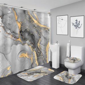 Nkzply 4 Pcs Grey Marble Shower Curtain Set White Modern Abstract Bathroom Sets with Shower Curtain and Rugs Silver Gold Fabric Shower Curtains for Bathroom Decor Accessories Toilet Lid Cover Hooks