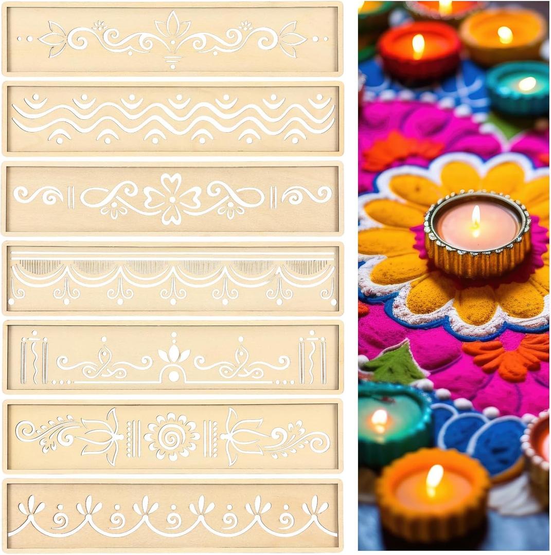 8 Pcs Diwali Rangoli Stencils Wooden DIY Making Kit 12 Inch Reusable Rectangular Rangoli Painting Stencils for Diwali Onam Varalakshmi Pooja Floor Crafts Indian Festival Decor
