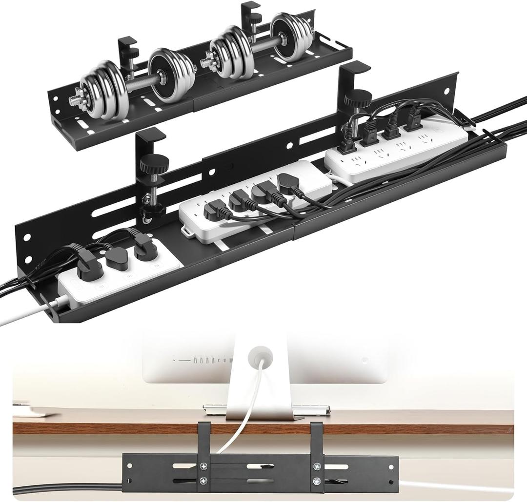 No Drill Under Desk Cable Management Tray, 17-30 Retractable Cord Organizer for Table, Clamp Mount Wire Basket, Power Strip Holder & Metal Cord Organizer for Office, Home