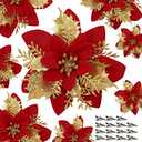 Childom 15 PCS Red Poinsettia Flower Artificial Poinsettias With Clips Christmas Decorations Glitter Poinsettia Christmas Ornaments Xmas Tree Flower Decor with Stems DIY Xmas Wreath Home Holiday Party