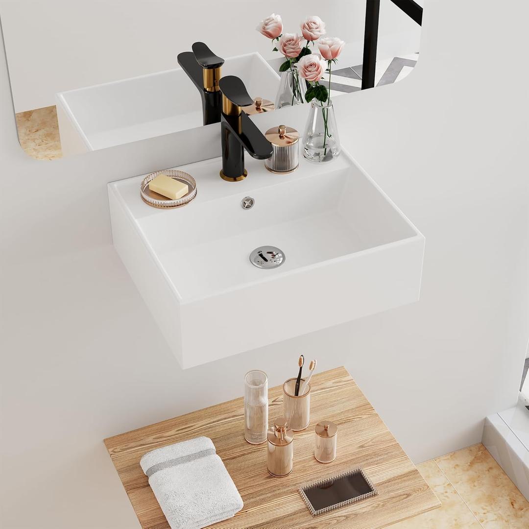 Floating Bathroom Vessel Sink Wall Mount, Hugsleek 16 x 13 inch Rectangle White Porcelain Ceramic Vessel Sink Wall Mounted Hang Bath Sink Bowl Basin Lavatory Vanity Restroom With Faucet Hole Overflow