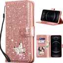 UEEBAI Wallet Case for iPhone 16 Pro, Glitter PU Leather Phone Cover Card Slots Kickstand Wallet Magnetic Closure Bling Flip Case Shockproof Hand Strap Flip Cover - Rose Gold