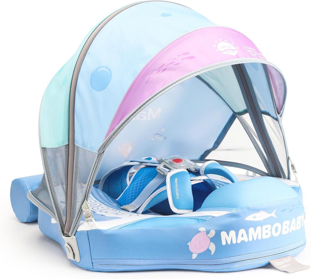2024 Mambobaby Baby Float with Canopy & Tail Infant Swim Float Non-Inflatable Toddler Pool Float with Skin-Friendly Material for 3-24 Months Baby Boys Grils (Blue Deluxe Edition)