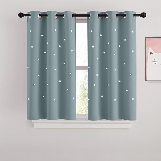 NICETOWN Cut Out Stars Curtain for Kid's Room, 2 Panels Starry Sky Grommet Nursery Curtains with Die-Cut Stars for Small Window, Baby, W34 x L45 inches, Greyish Blue